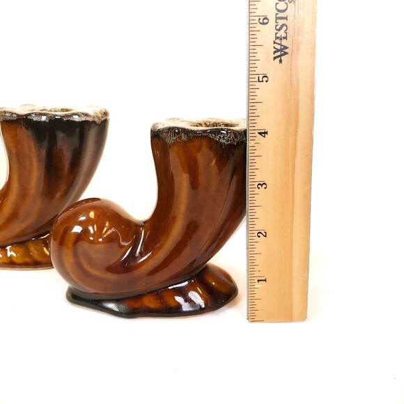 Anna Van Briggle Pottery Brown Drip Horn Cornucopia Candle Holder Pair RARE VTG - Picture 8 of 11